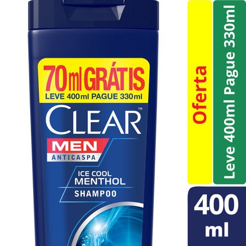 Shampoo Anticaspa Ice Cool Menthol Clear Men Frasco Leve 400ml Pague 330ml